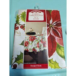 Holiday Time Christmas Poinsettia 70" Round Tablecloth NEW Winter Flowers